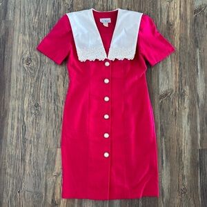 Vtg S.L. Petites V-Neck Blazer Dress Sz 8 Pink White Lace Pearl/Gold Buttons USA